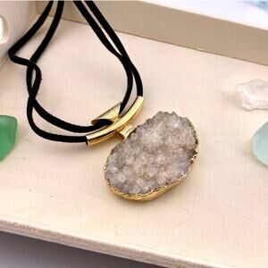 Genuine Crystal Druse Golden Pendant + Raw Leather Chain